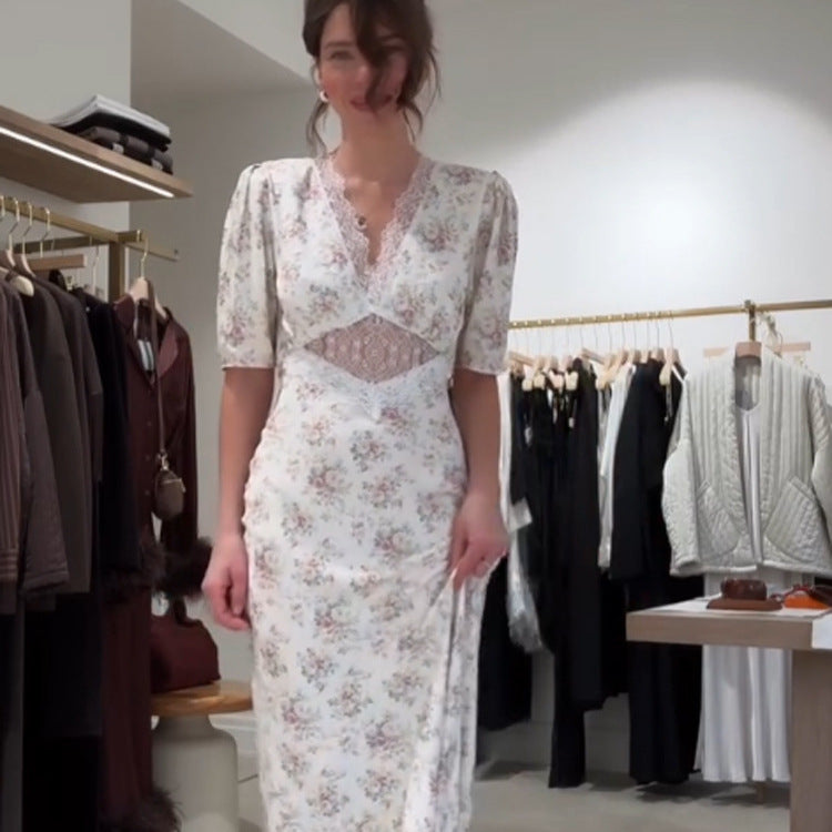 Women Romantic Maxi Dress in Flowing Satin with Lace Cut-Out & Puff Sleeves Amarae