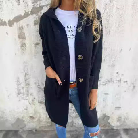 Women's knitted coat with hood and button placket Lune London