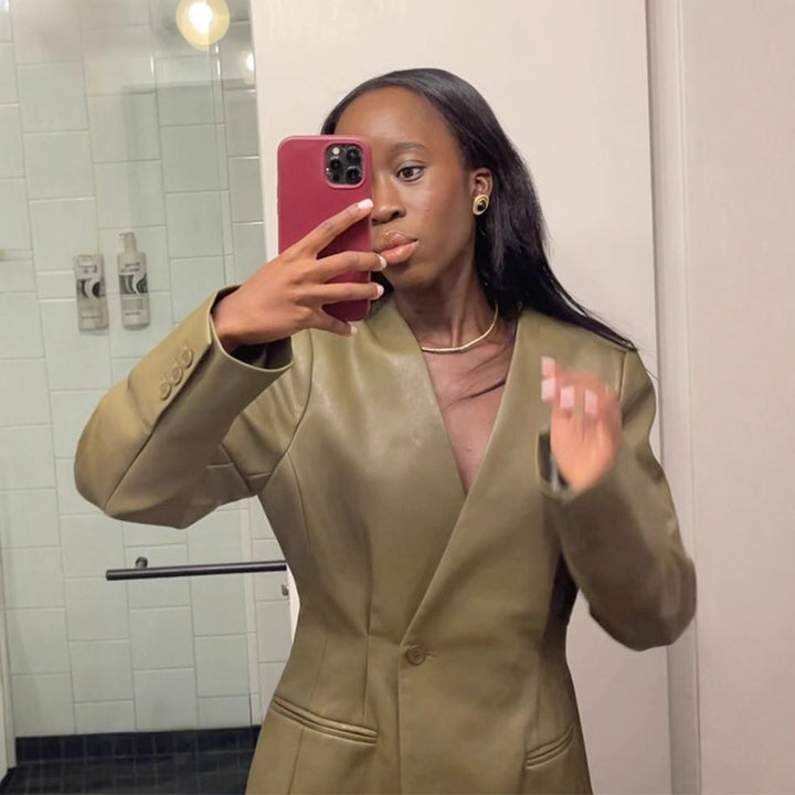 Ladies Fitted Faux Leather Blazer with Single-Breasted Button Placket and Defined Shoulder Amarae