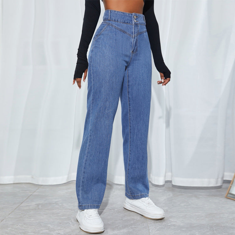 Women's high-waisted straight-cut jeans with V-shaped waistband and wide leg Amarae