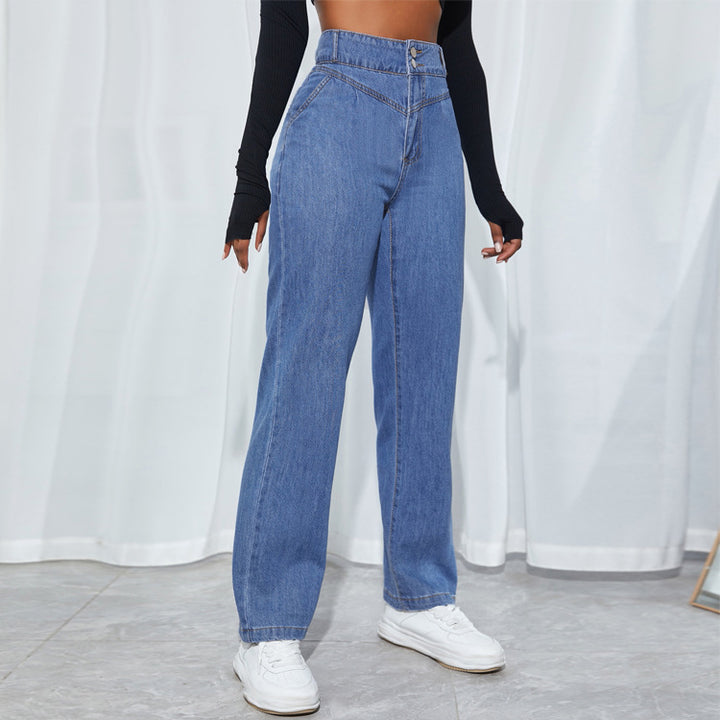 Women's high-waisted straight-cut jeans with V-shaped waistband and wide leg Amarae