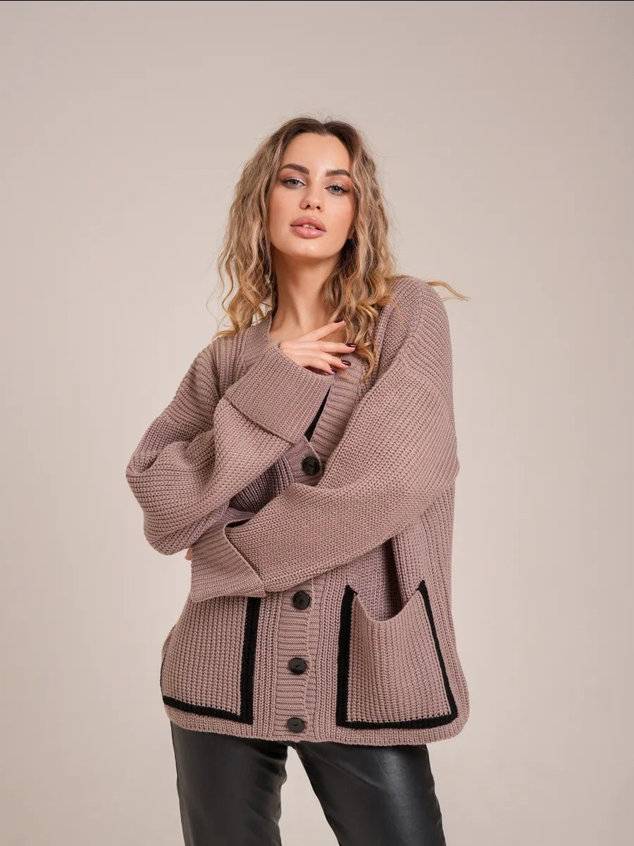 Casual knitted cardigan for women with contrasting pockets and classic button detail Lune London