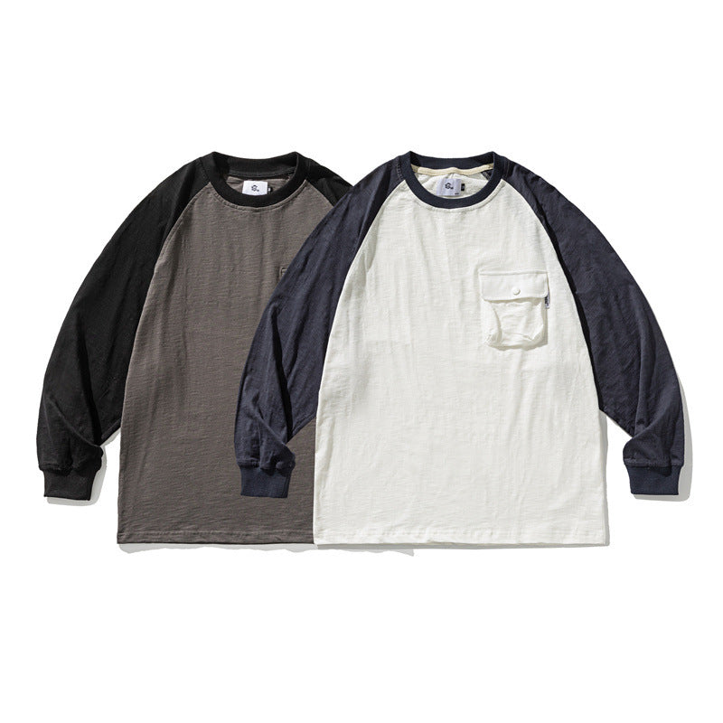 Unisex Casual Raglan Long Sleeve with Contrast Sleeves and Patch Pocket Amarae
