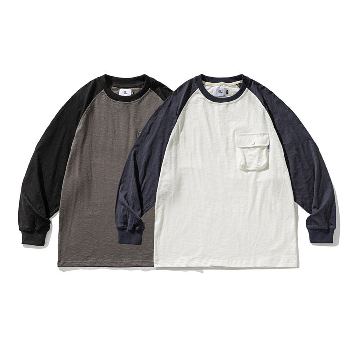 Unisex Casual Raglan Long Sleeve with Contrast Sleeves and Patch Pocket Amarae