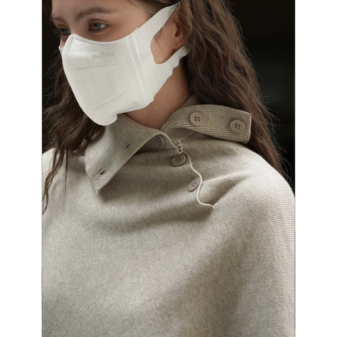 Women's Asymmetrical Knit Poncho with Button Collar and Oversized Silhouette Amarae