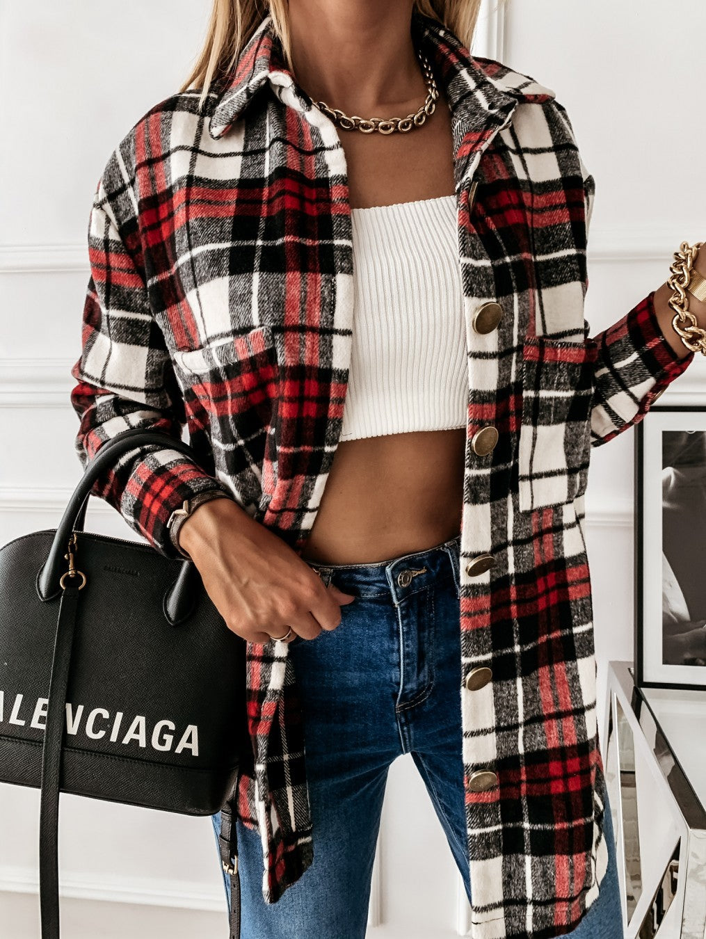 Ladies Chic Plaid Fleece Jacket
