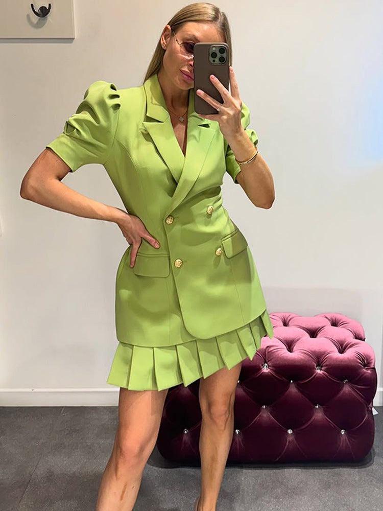 Women Double-Breasted Blazer Dress with Puff Sleeves and Pleated Hem Amarae