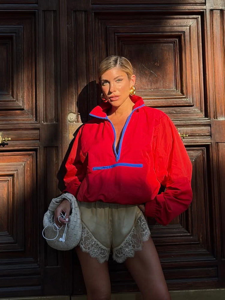 Women’s Short Cut Two-Tone Half Zip Utility Jacket with Elastic Hem and Zipper Pocket Amarae