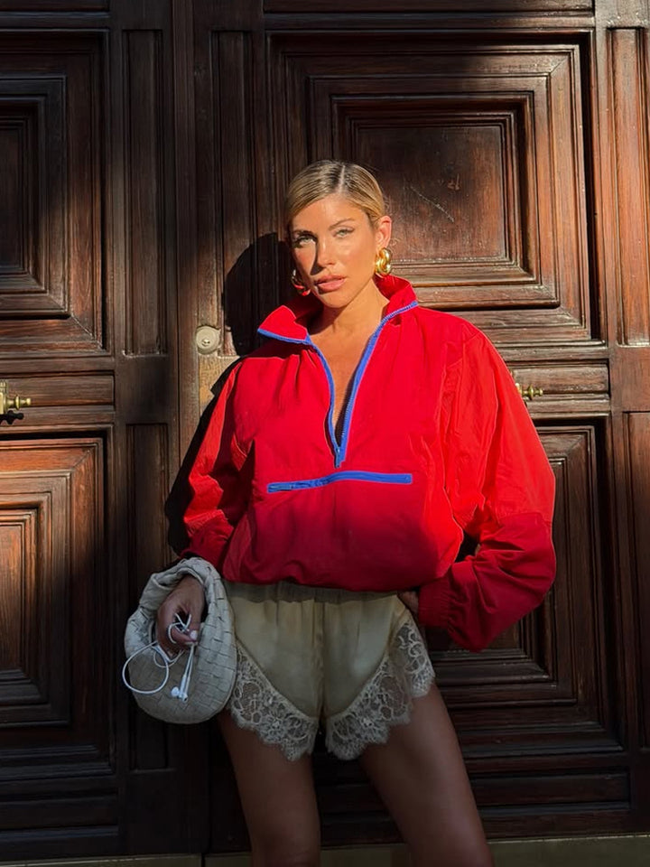 Women’s Short Cut Two-Tone Half Zip Utility Jacket with Elastic Hem and Zipper Pocket Amarae