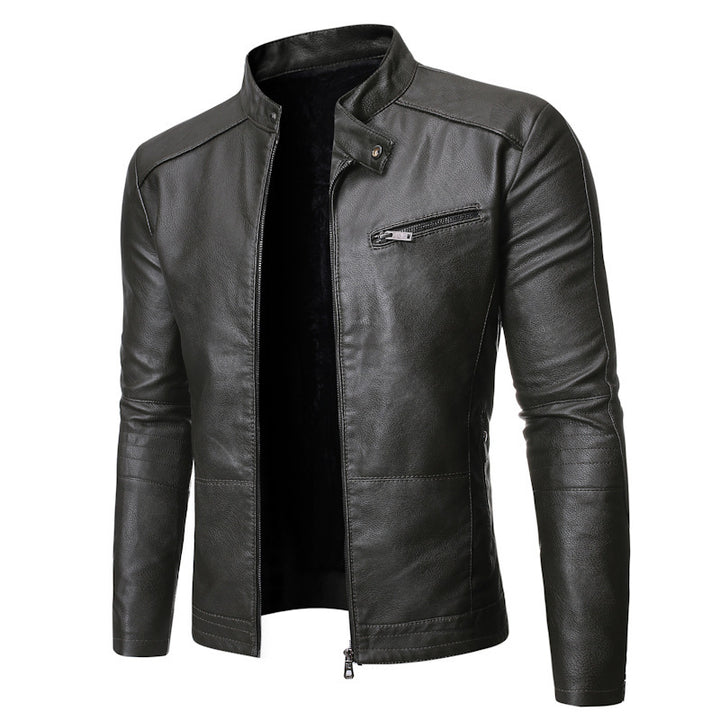 Stylish leather jacket for men with a high collar and practical zippered pockets Lune London