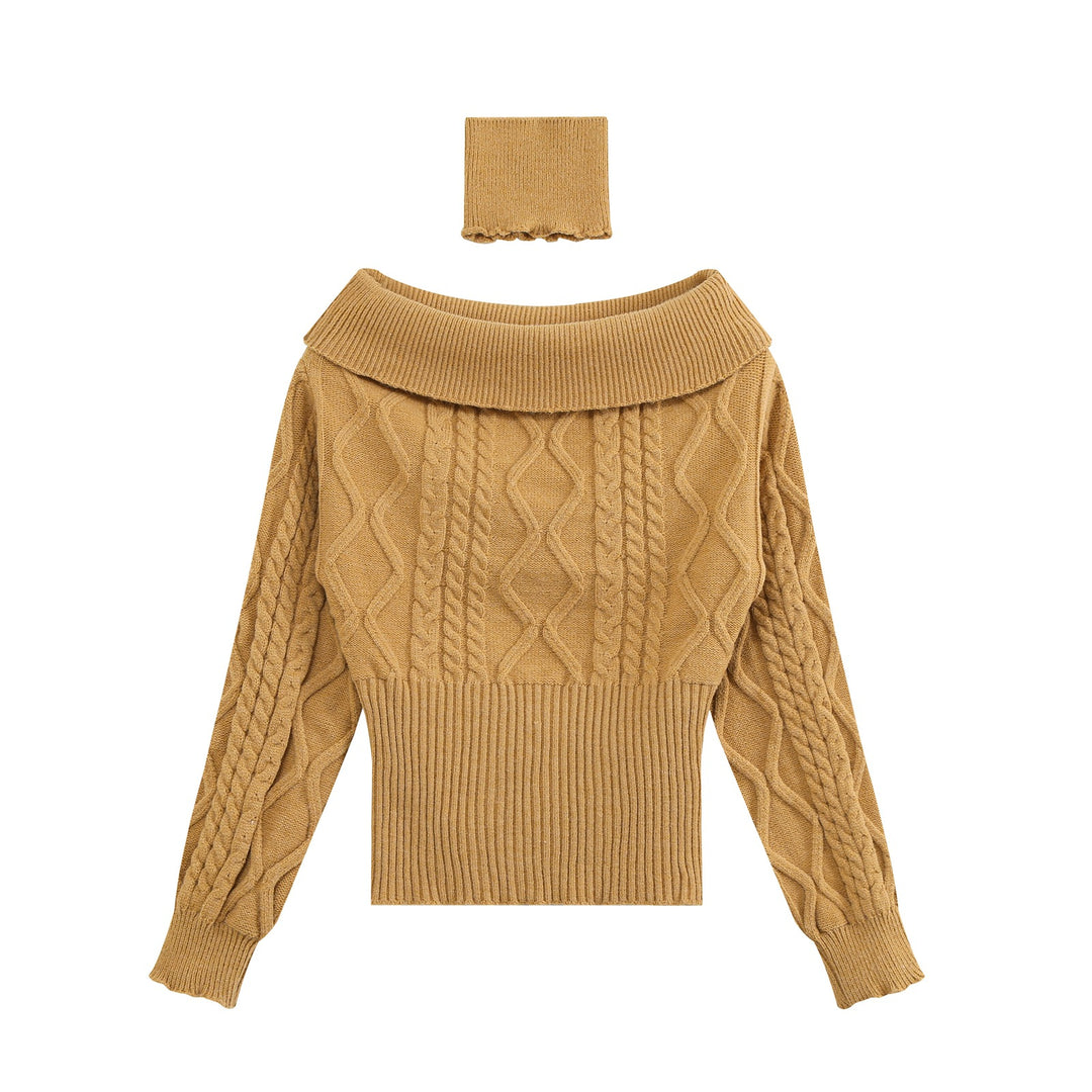 Women's Off-Shoulder Cable Knit Sweater with Wide Ribbed Cuff and Folded Collar Amarae