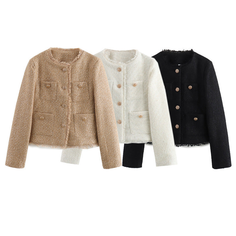 Elegant tweed jacket for women with fringes and practical pockets Lune London