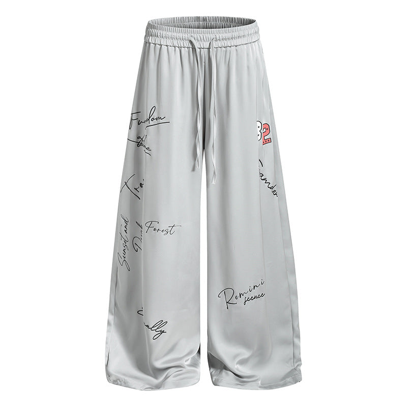 Women's Wide Satin Palazzo Lounge Pants with Elastic Waistband, Drawstring, and Script Print Amarae