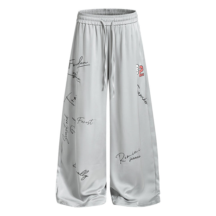 Women's Wide Satin Palazzo Lounge Pants with Elastic Waistband, Drawstring, and Script Print Amarae