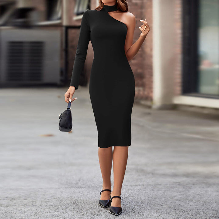 Robe midi asymétrique ajustée pour femmes avec manches longues et col montant élégant Chic & Stil