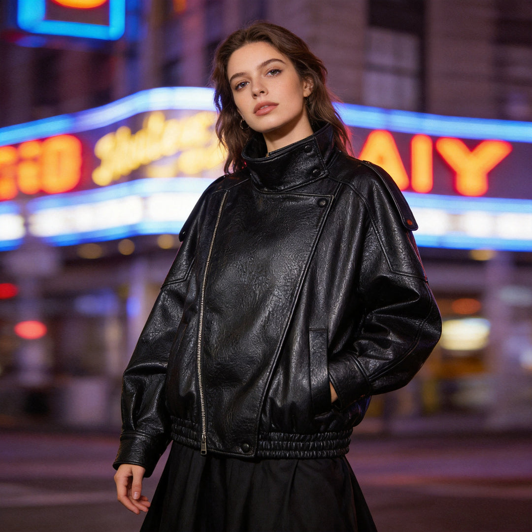 Women's faux leather crossover jacket in bomber style with high stand-up collar Amarae