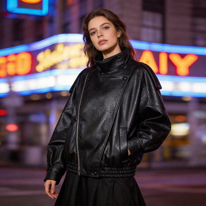 Women's faux leather crossover jacket in bomber style with high stand-up collar Amarae