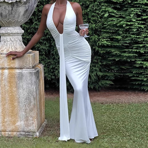 Woman Elegant Maxi Dress with Deep V Neckline and Chic Ruching