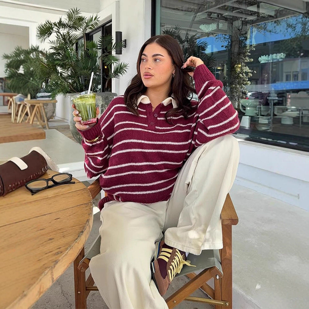 Women's Oversized Knit Sweater with Polo Collar & Stripe Pattern Amarae