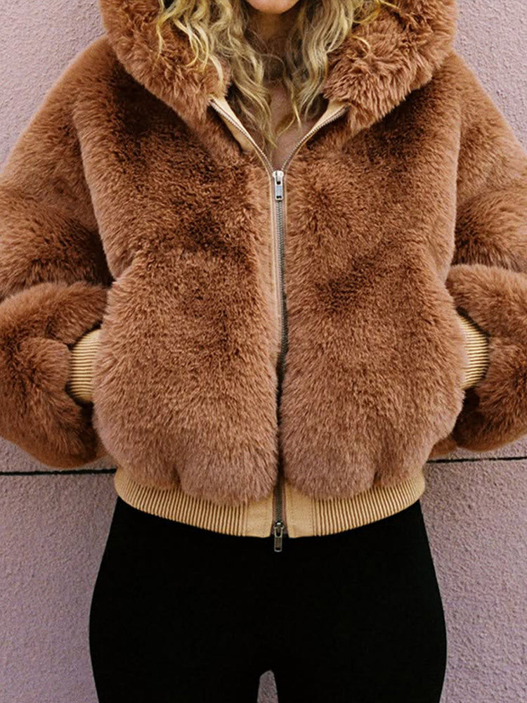 Women's Short Teddy Faux Fur Bomber Jacket with Hood, Wide Ribbed Hem and Two-Way Zipper Amarae