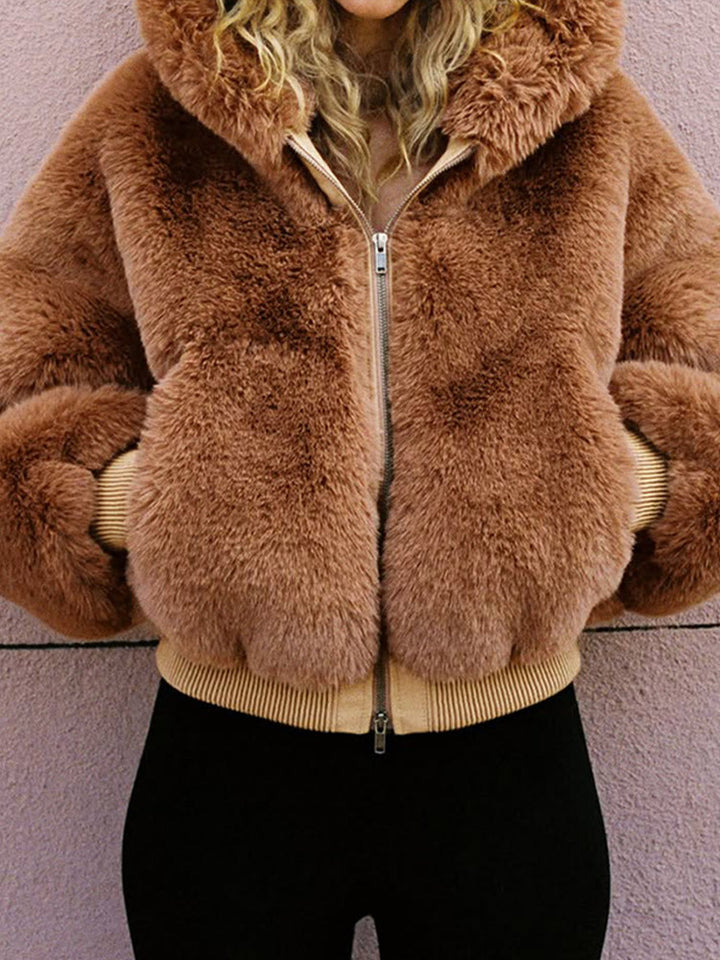 Women's Short Teddy Faux Fur Bomber Jacket with Hood, Wide Ribbed Hem and Two-Way Zipper Amarae