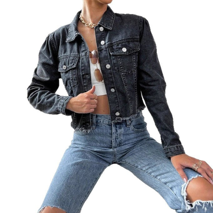 Women's cropped fitted denim jacket with raw fringe hem and flap pockets Amarae