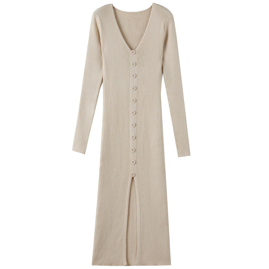 Ladies Long Sleeve Maxi Dress with Ribbed Structure and Button Detail Lune London
