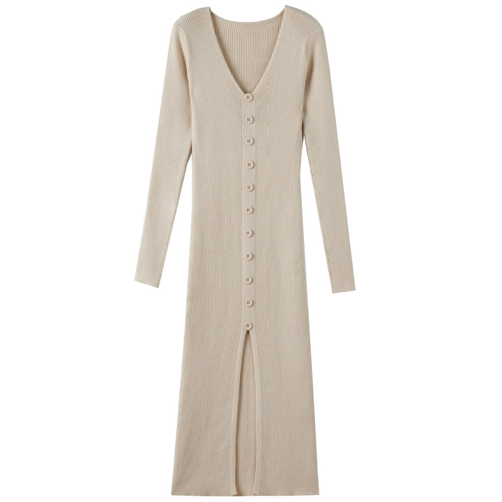 Ladies Long Sleeve Maxi Dress with Ribbed Structure and Button Detail Lune London