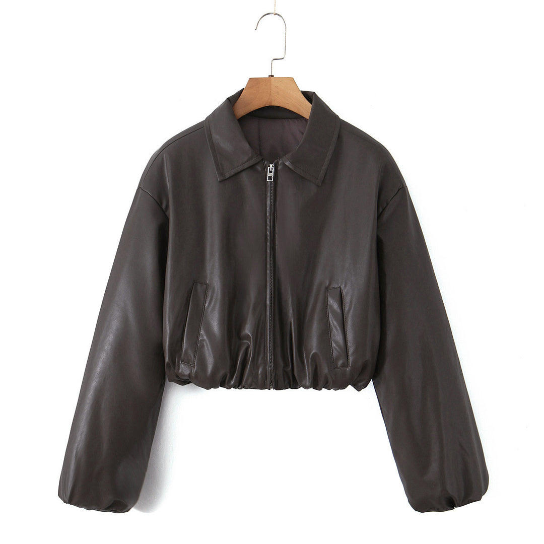 Cropped casual chic synthetic leather biker jacket for women Lune London