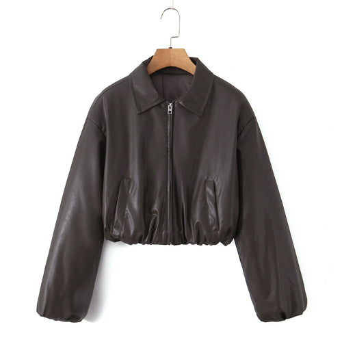 Cropped casual chic synthetic leather biker jacket for women Amarae