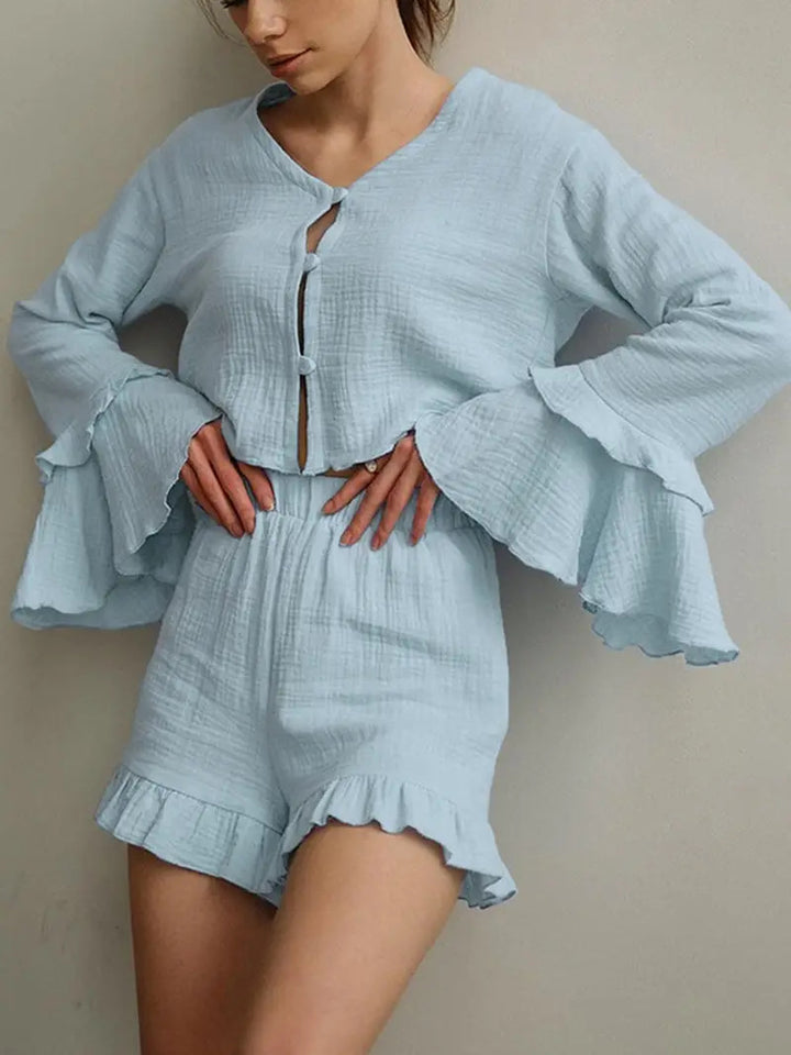 Women's set consisting of a lightweight top and ruffled shorts Lune London