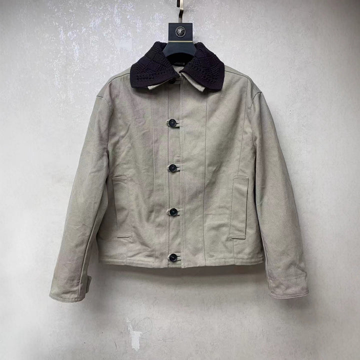 Men's short canvas jacket with crocheted contrast collar Amarae