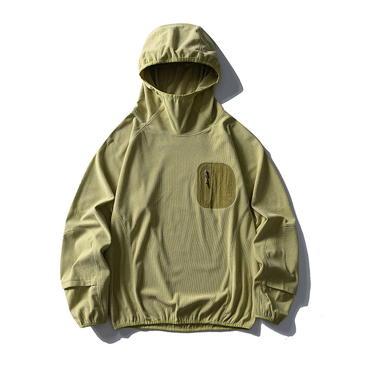 Unisex Lightweight Technical Hooded Pullover Wind Jacket with Chest Zipper Pocket and Elastic Hem Amarae