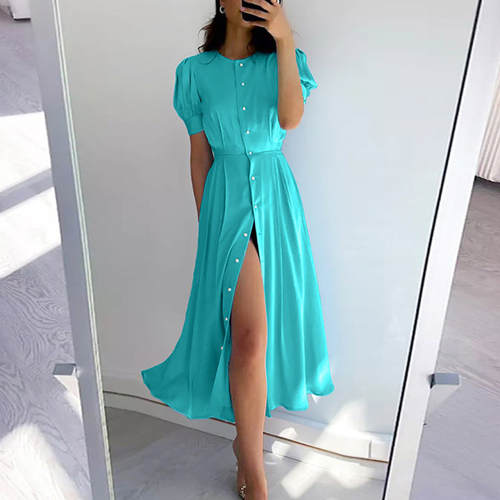 Maxi dress for women with button detail and side slit Lune London