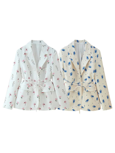 Fitted blazer for women with floral pattern and tie belt Amarae