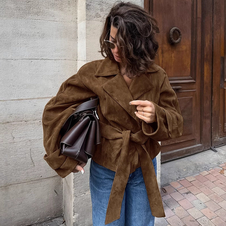 Suede leather trench coat for women with tie belt and wide lapels Amarae