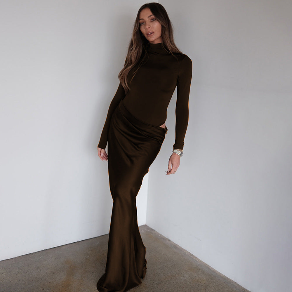 Elegant long sleeve maxi dress for women with a fitted cut and refined draping detail Lune London