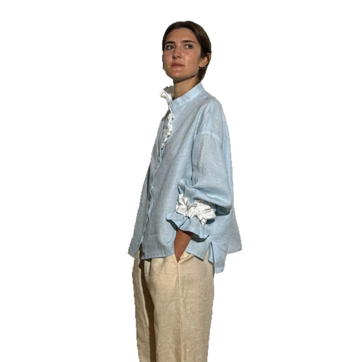 Women's lightweight linen blouse with stand-up collar, oversized silhouette and gathered cuffs Amarae