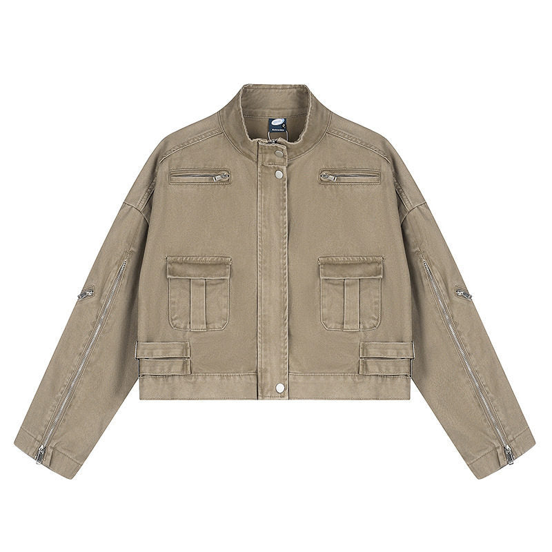 Women's Cropped Utility Jacket with Stand Collar, Multiple Pockets and Zip Sleeves Amarae