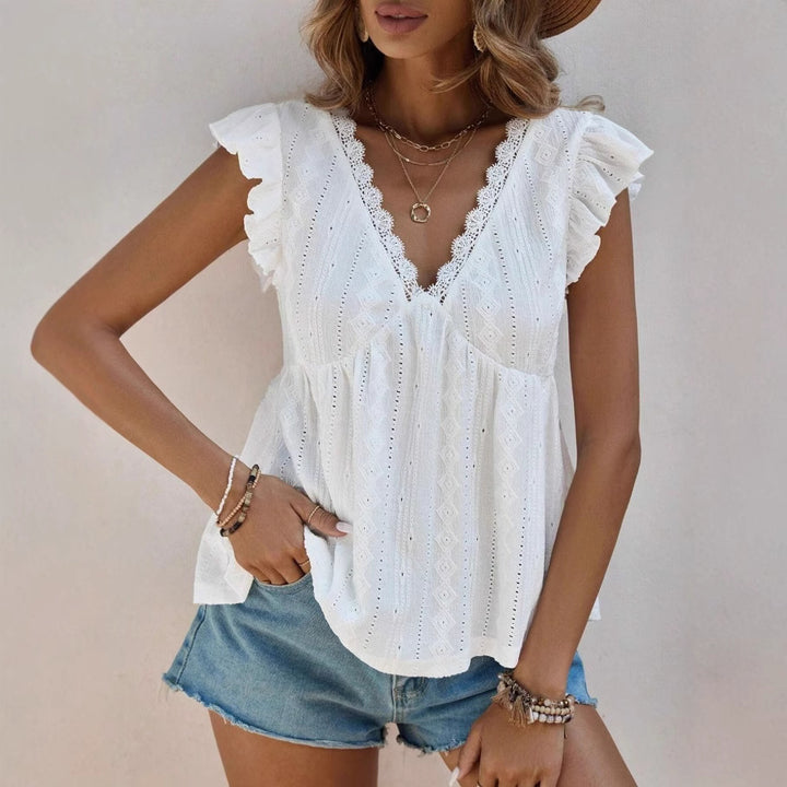 Ladies blouse with ruffled sleeves and deep V-neck Lune London