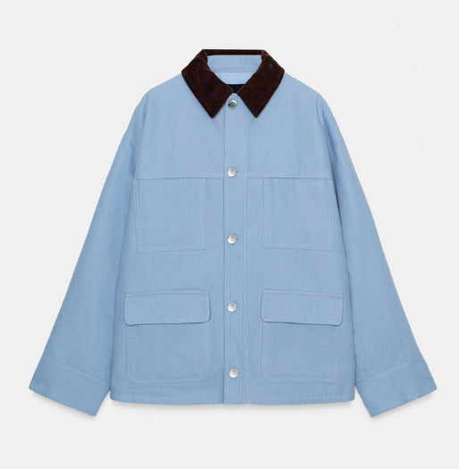 Women's short chore jacket made of canvas with cord collar and four patch pockets Amarae