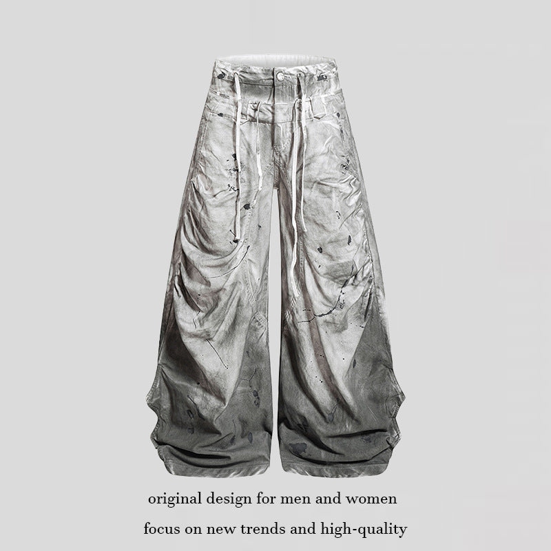 Women's High-Waisted Wide Culotte Pants with Draped Pleats, Drawstring and Speckle Print Amarae
