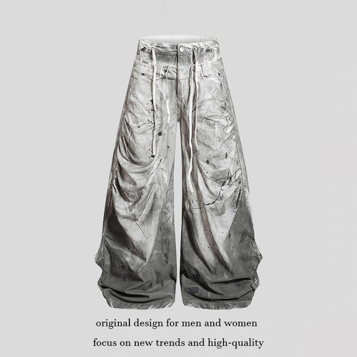 Women's High-Waisted Wide Culotte Pants with Draped Pleats, Drawstring and Speckle Print Amarae