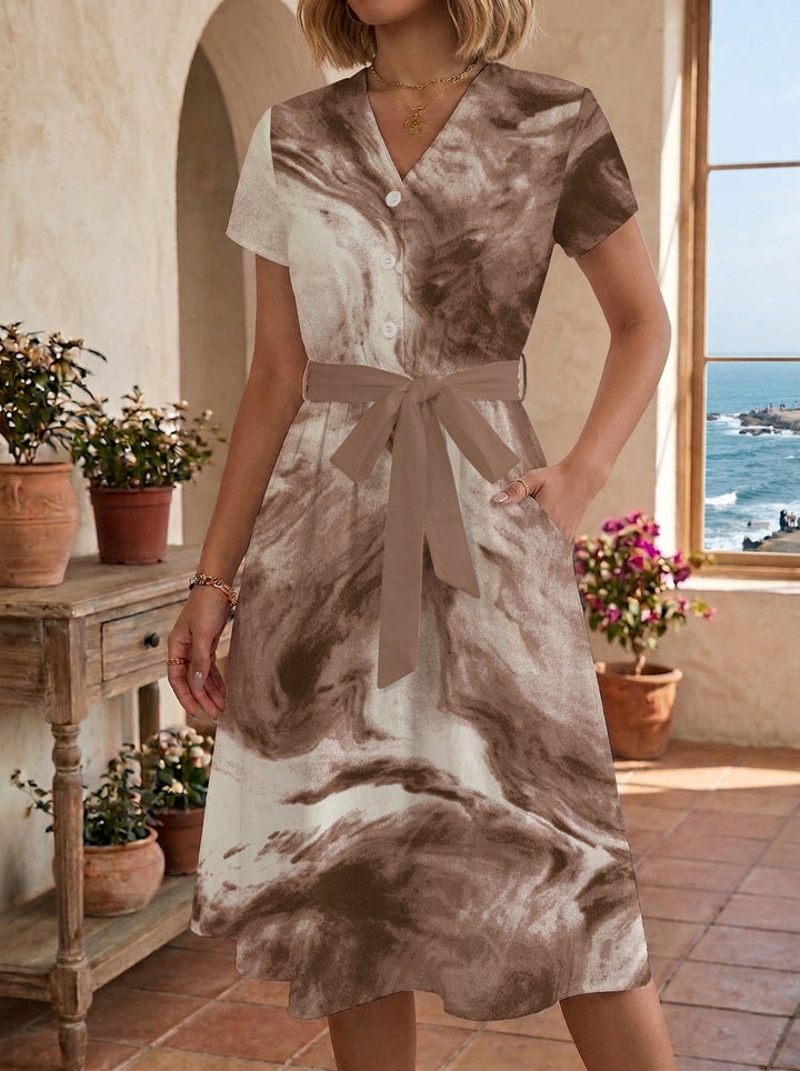 Women's Blooming Midi Dress with Adjustable Belt and Artistic Print Lune London