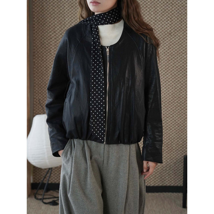 Women's leather bomber jacket with zipper, raglan sleeves and elastic hem Amarae