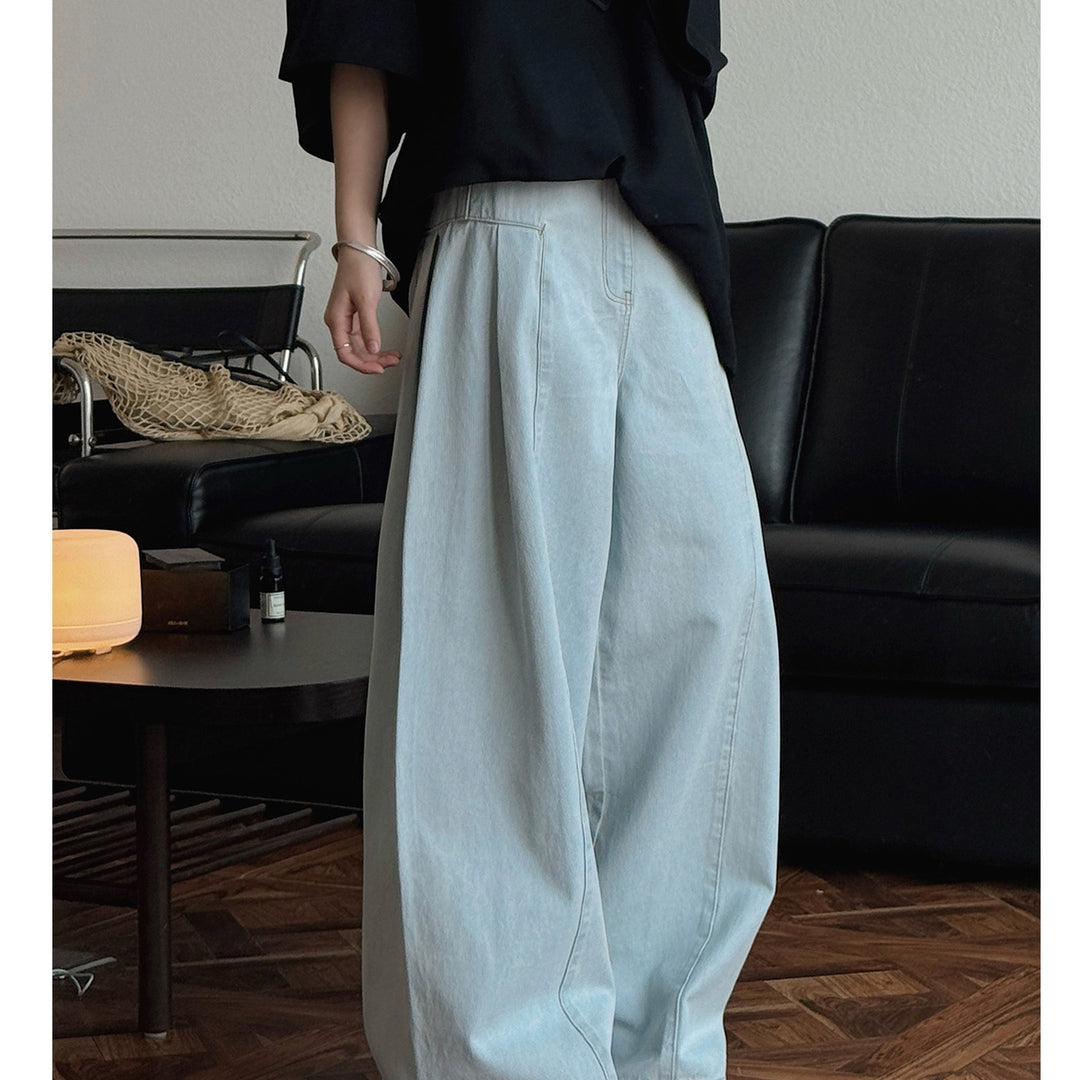 Women High-Waisted Oversize Palazzo Jeans with Deep Crotch and Distinctive Vertical Seam Amarae