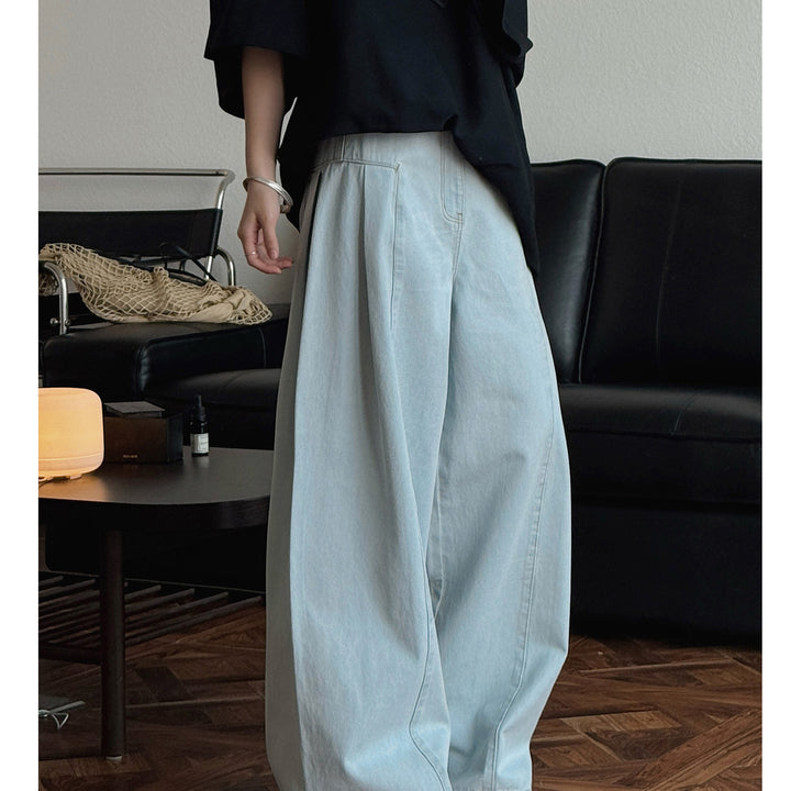 Women High-Waisted Oversize Palazzo Jeans with Deep Crotch and Distinctive Vertical Seam Amarae