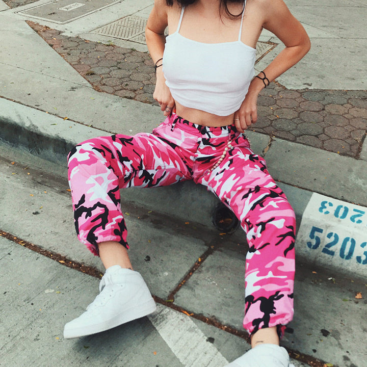 Women's cargo pants with elastic waistband and stylish camouflage design Lune London