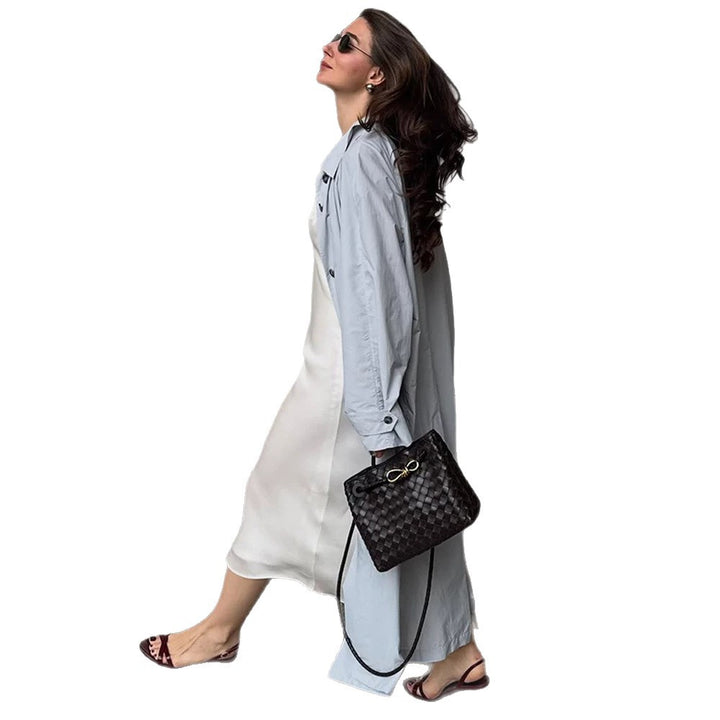 Women's Lightweight Long Trench Coat Made from Technical Material with Concealed Button Placket and Loose Fit Amarae