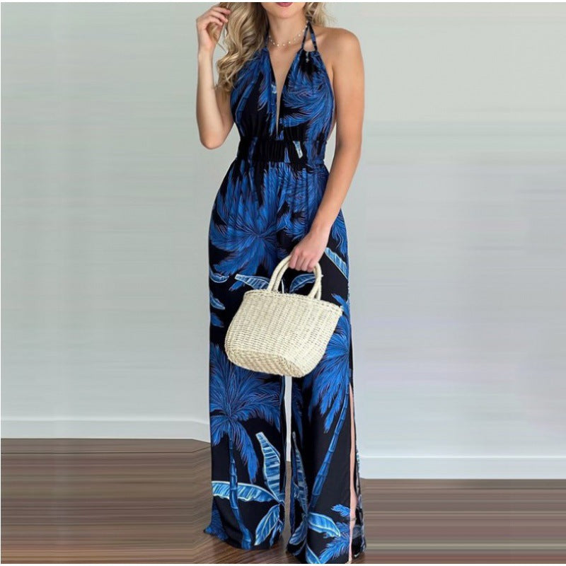 Women Bohemian Halter Neck Maxi Jumpsuit with Side Slits Lune London
